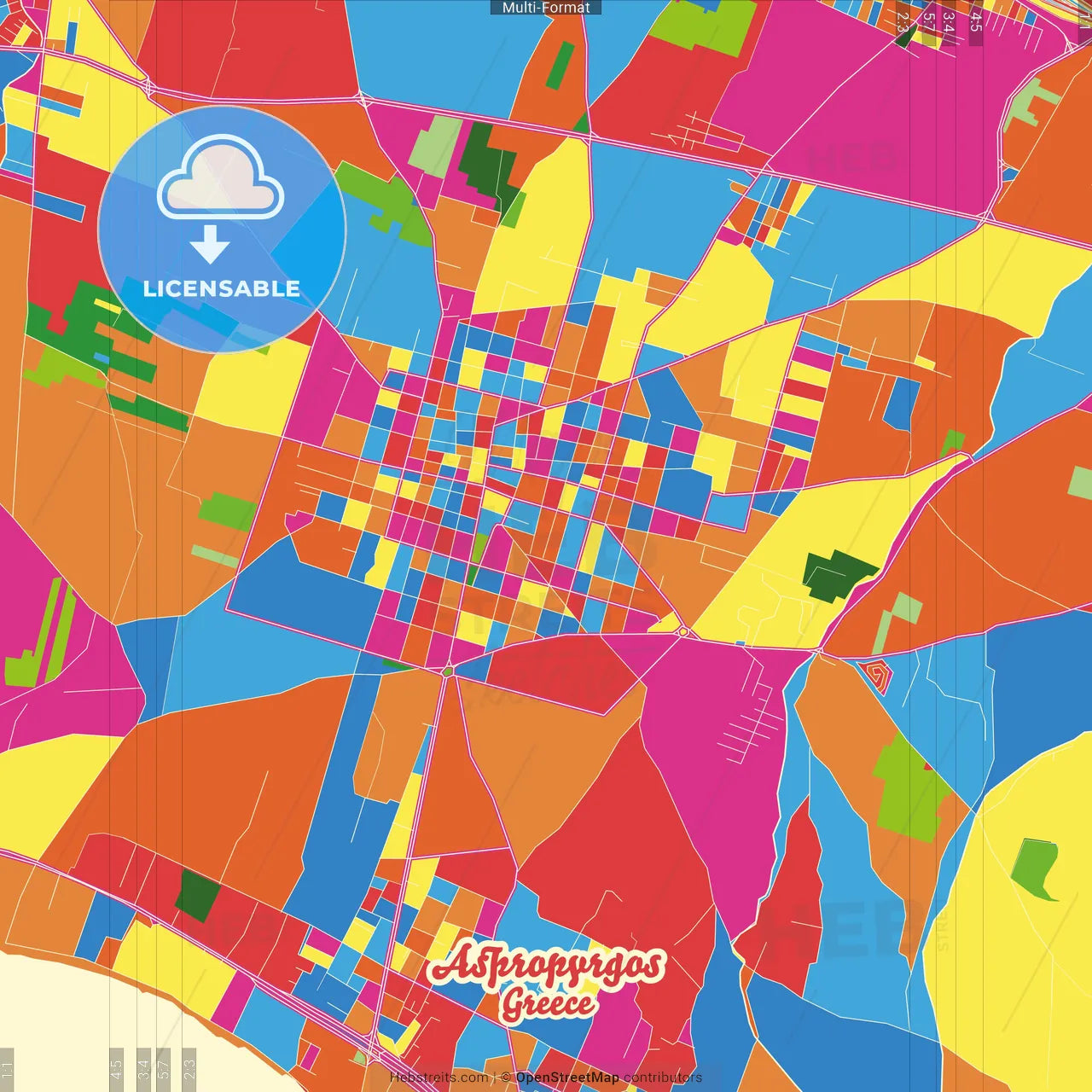 Aspropyrgos, Attica, Greece Crazy Colorful Street Map Poster Template