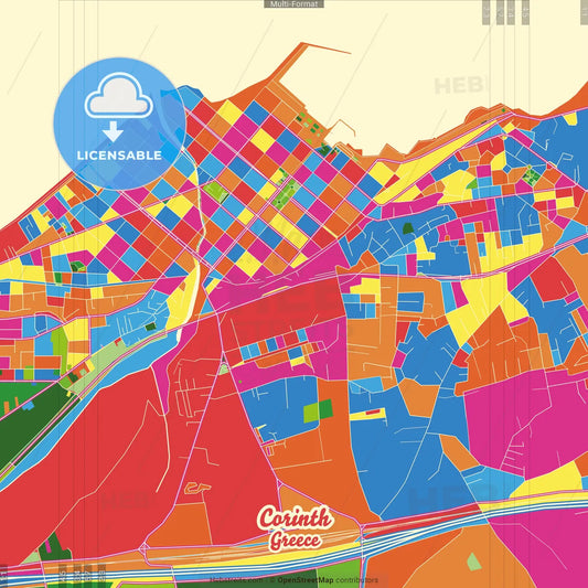 Corinth, Peloponnese, Greece Crazy Colorful Street Map Poster Template
