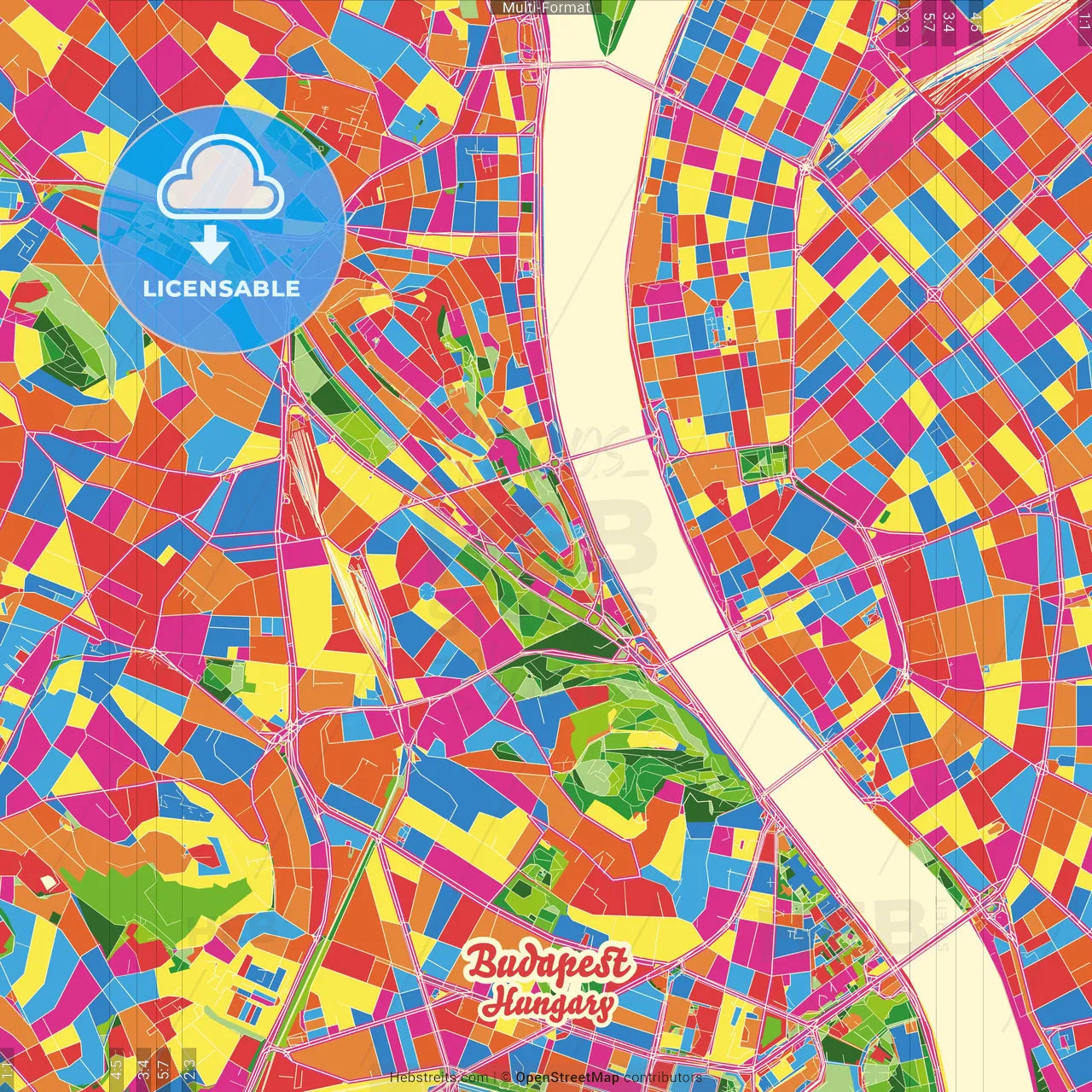 Budapest, Budapest, Hungary Crazy Colorful Street Map Poster Template