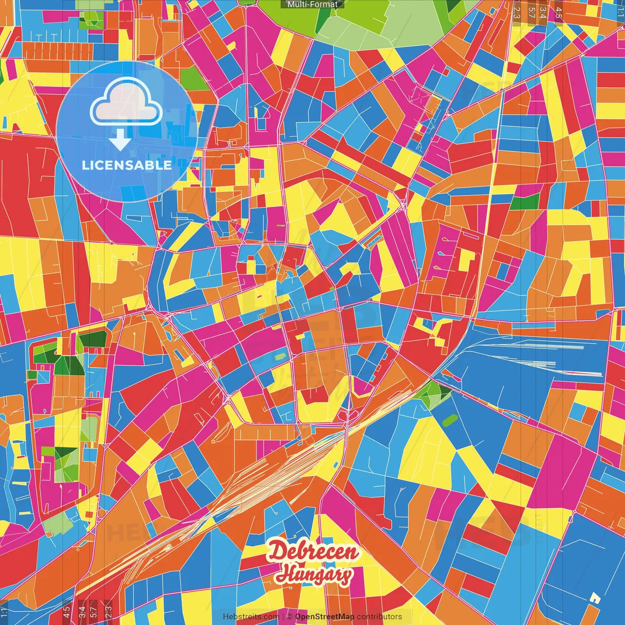Debrecen, Hajdú-Bihar, Hungary Crazy Colorful Street Map Poster Template