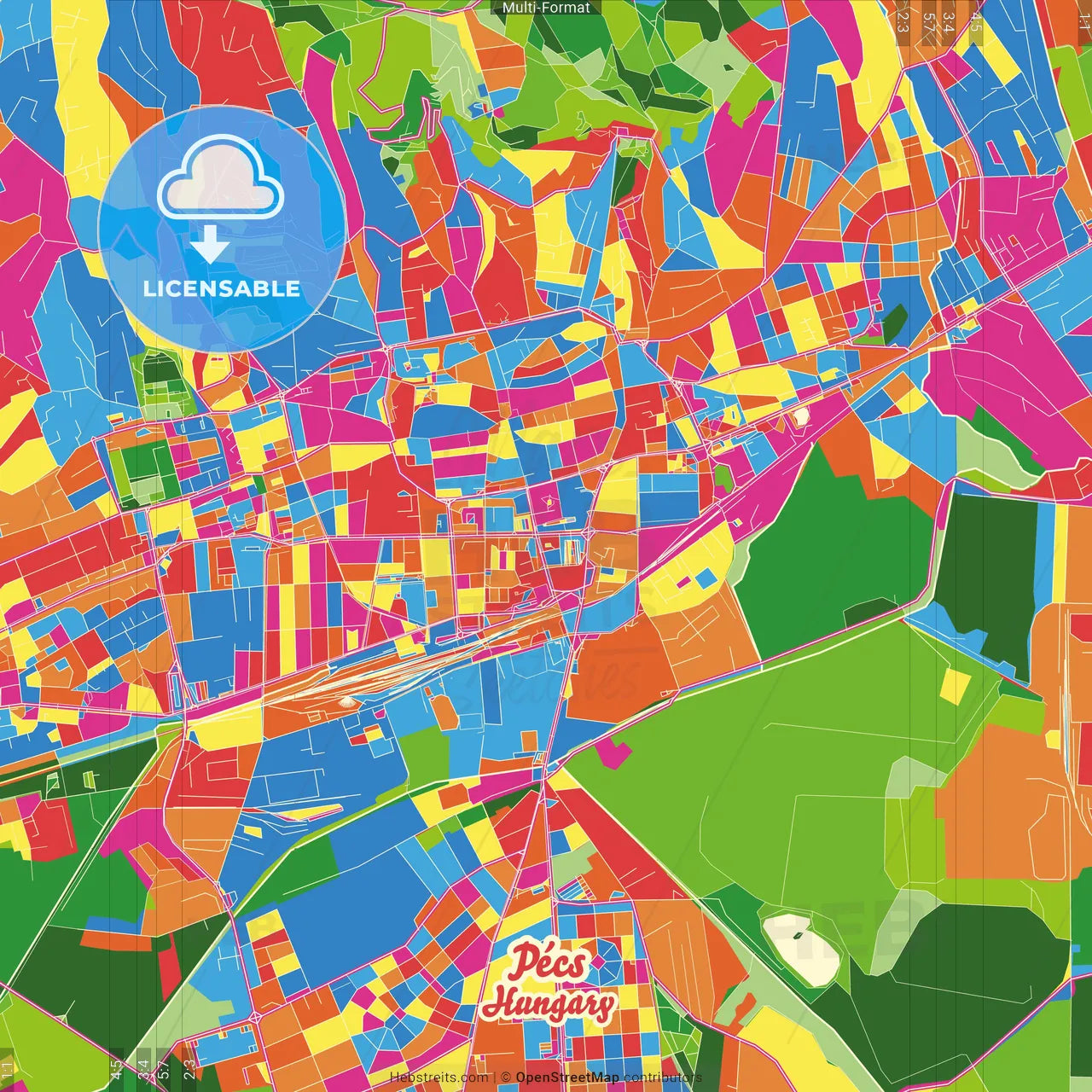 Pécs, Baranya, Hungary Crazy Colorful Street Map Poster Template