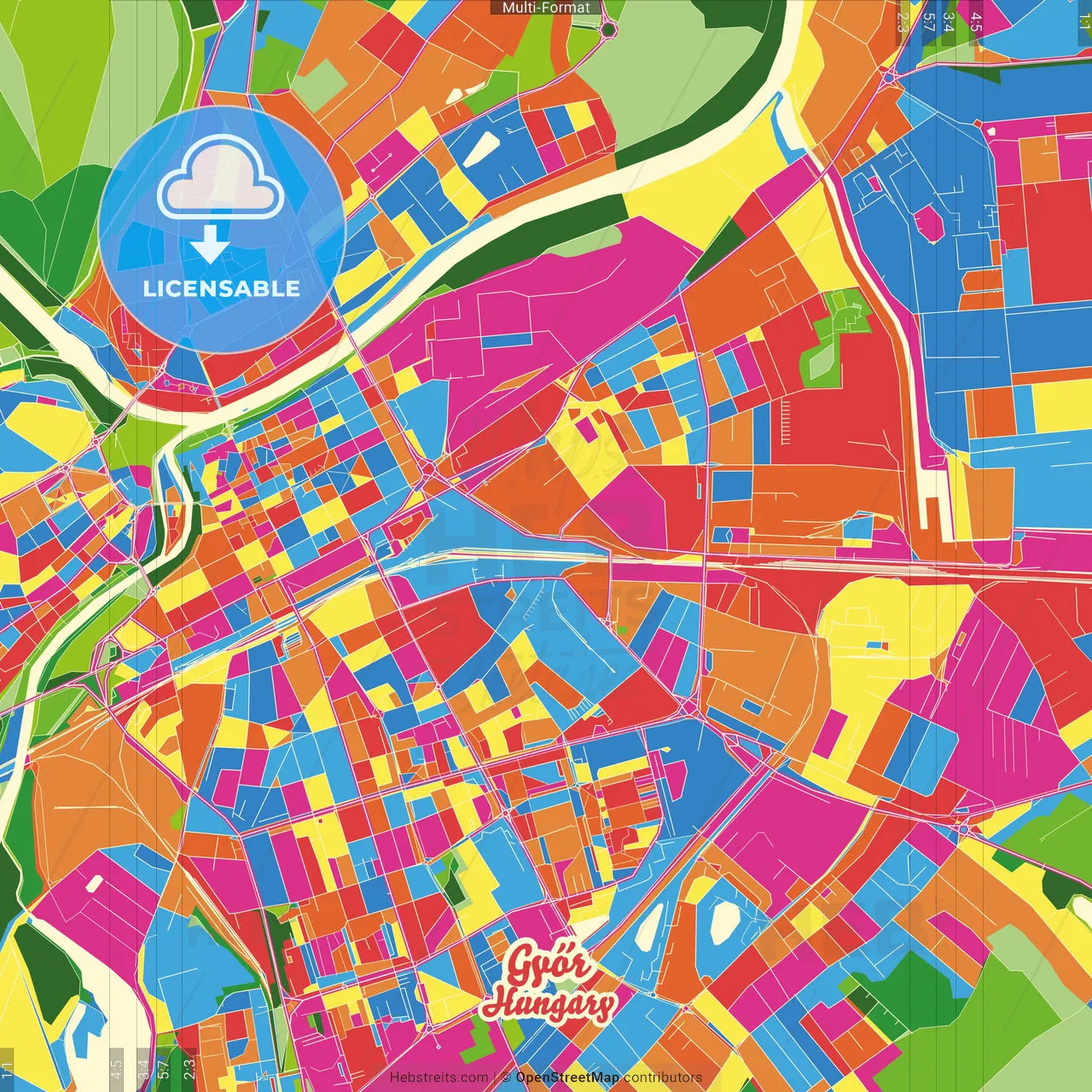 Győr, Győr-Moson-Sopron, Hungary Crazy Colorful Street Map Poster Template