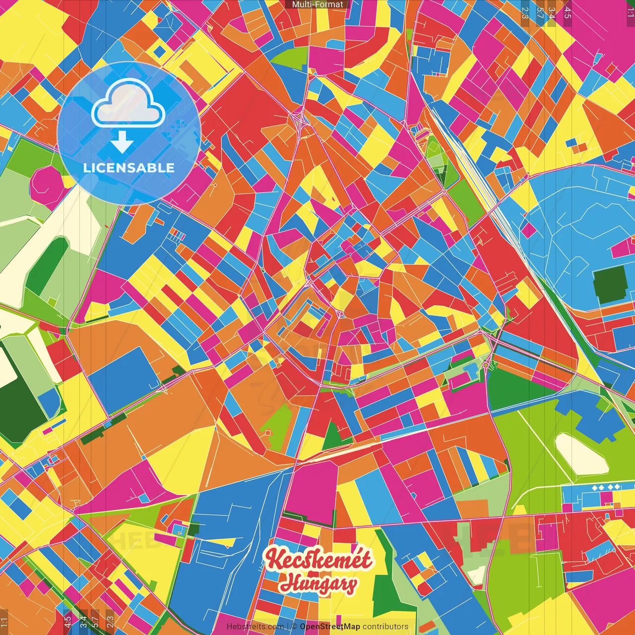 Kecskemét, Bács-Kiskun, Hungary Crazy Colorful Street Map Poster Template