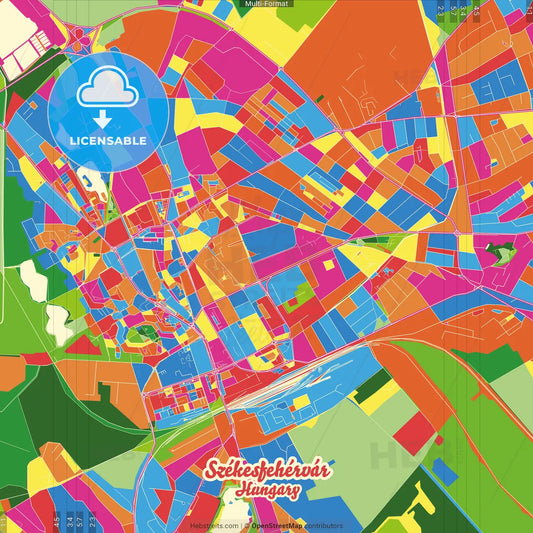 Székesfehérvár, Fejér, Hungary Crazy Colorful Street Map Poster Template