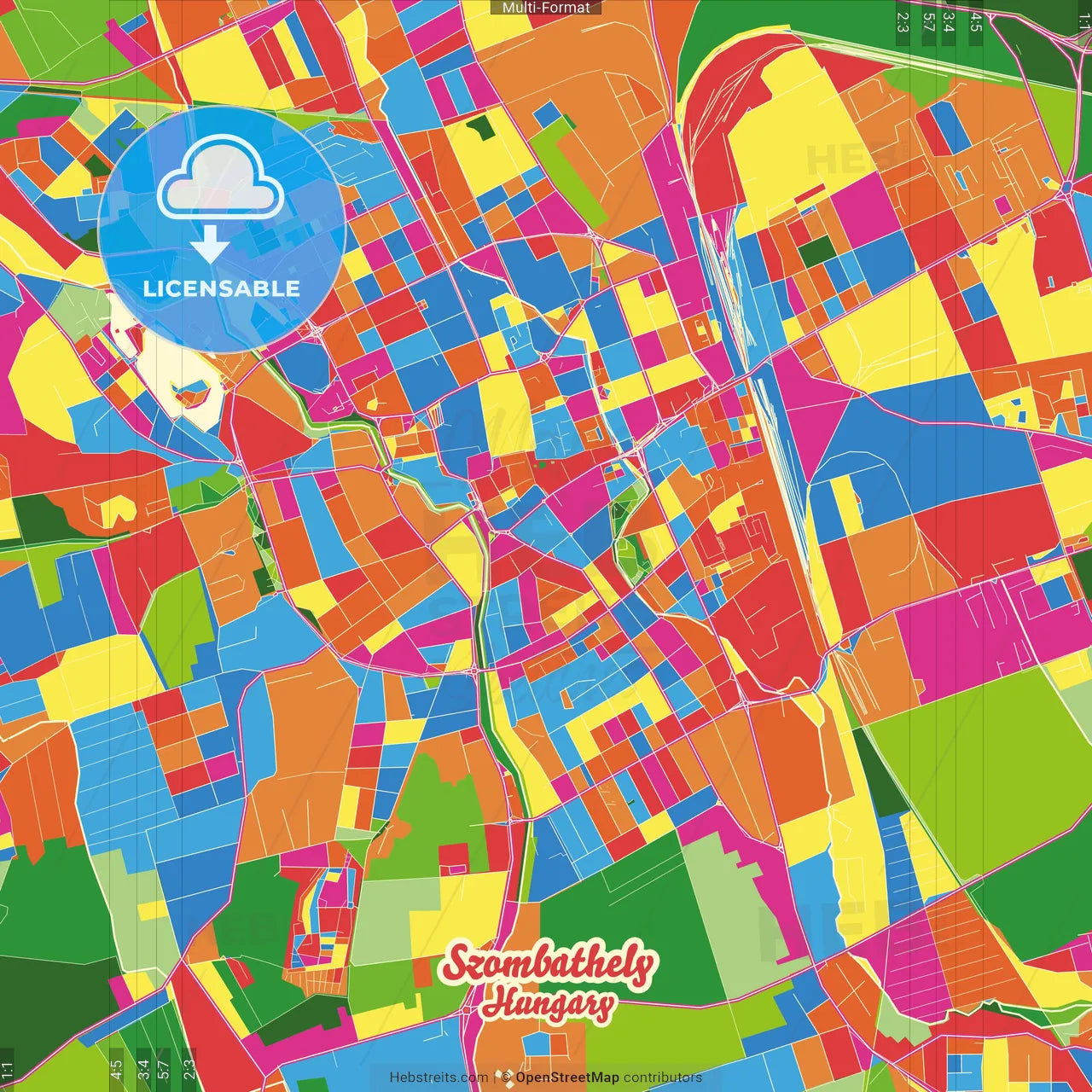 Szombathely, Vas, Hungary Crazy Colorful Street Map Poster Template