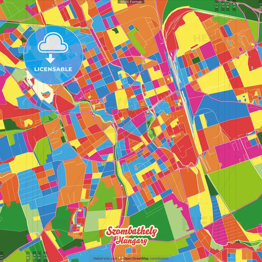 Szombathely, Vas, Hungary Crazy Colorful Street Map Poster Template