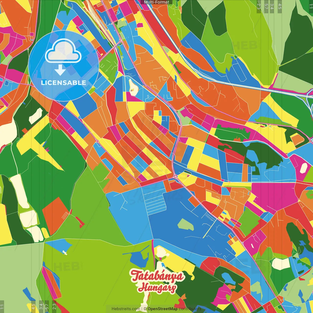 Tatabánya, Komárom-Esztergom, Hungary Crazy Colorful Street Map Poster Template