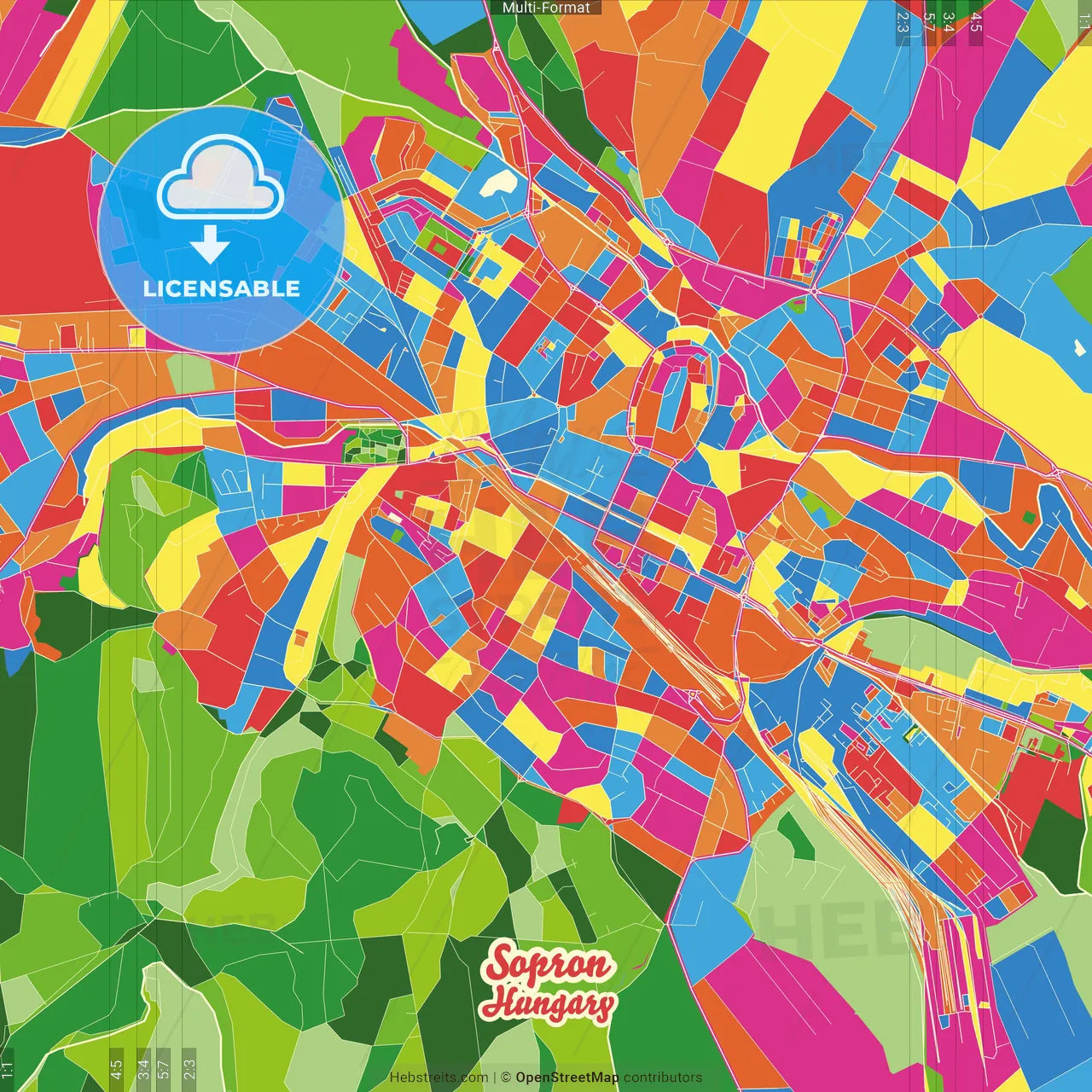 Sopron, Győr-Moson-Sopron, Hungary Crazy Colorful Street Map Poster Template