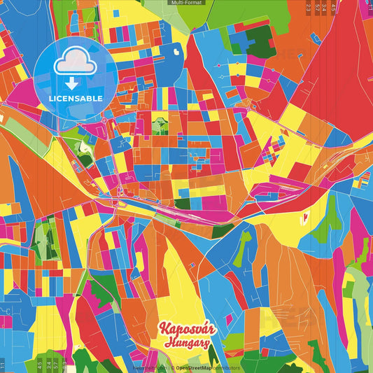 Kaposvár, Somogy, Hungary Crazy Colorful Street Map Poster Template