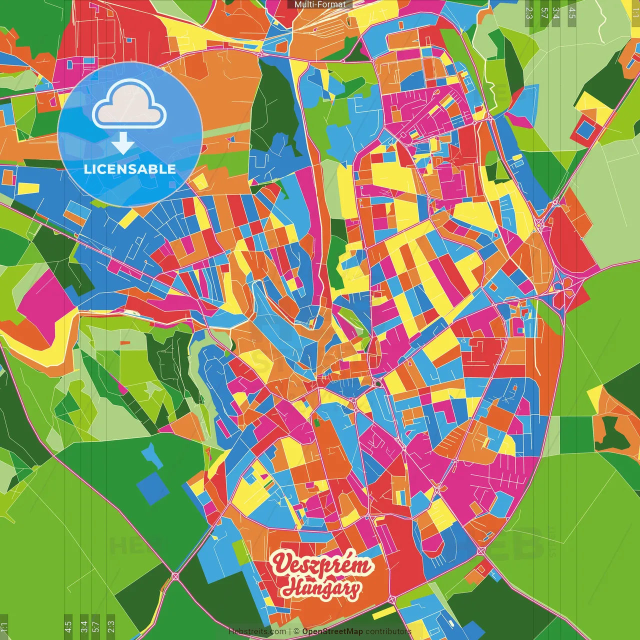 Veszprém, Veszprém, Hungary Crazy Colorful Street Map Poster Template