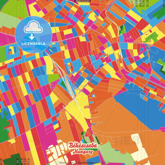 Békéscsaba, Békés, Hungary Crazy Colorful Street Map Poster Template