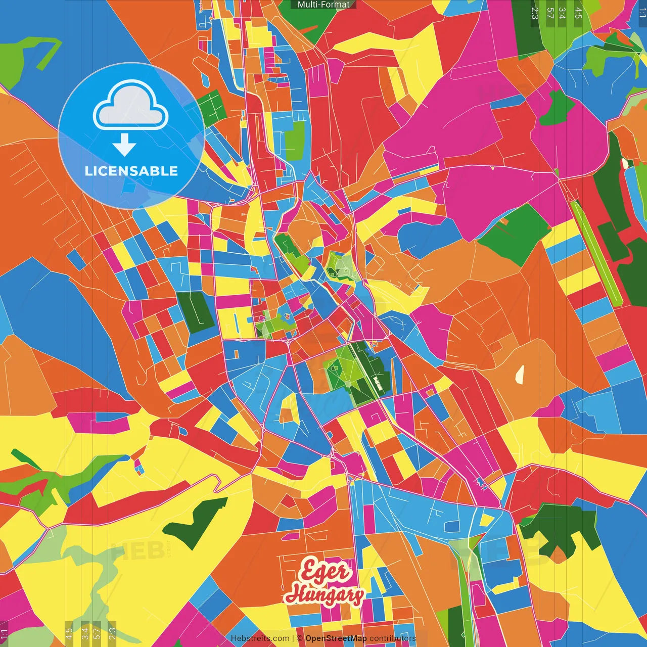 Eger, Heves, Hungary Crazy Colorful Street Map Poster Template