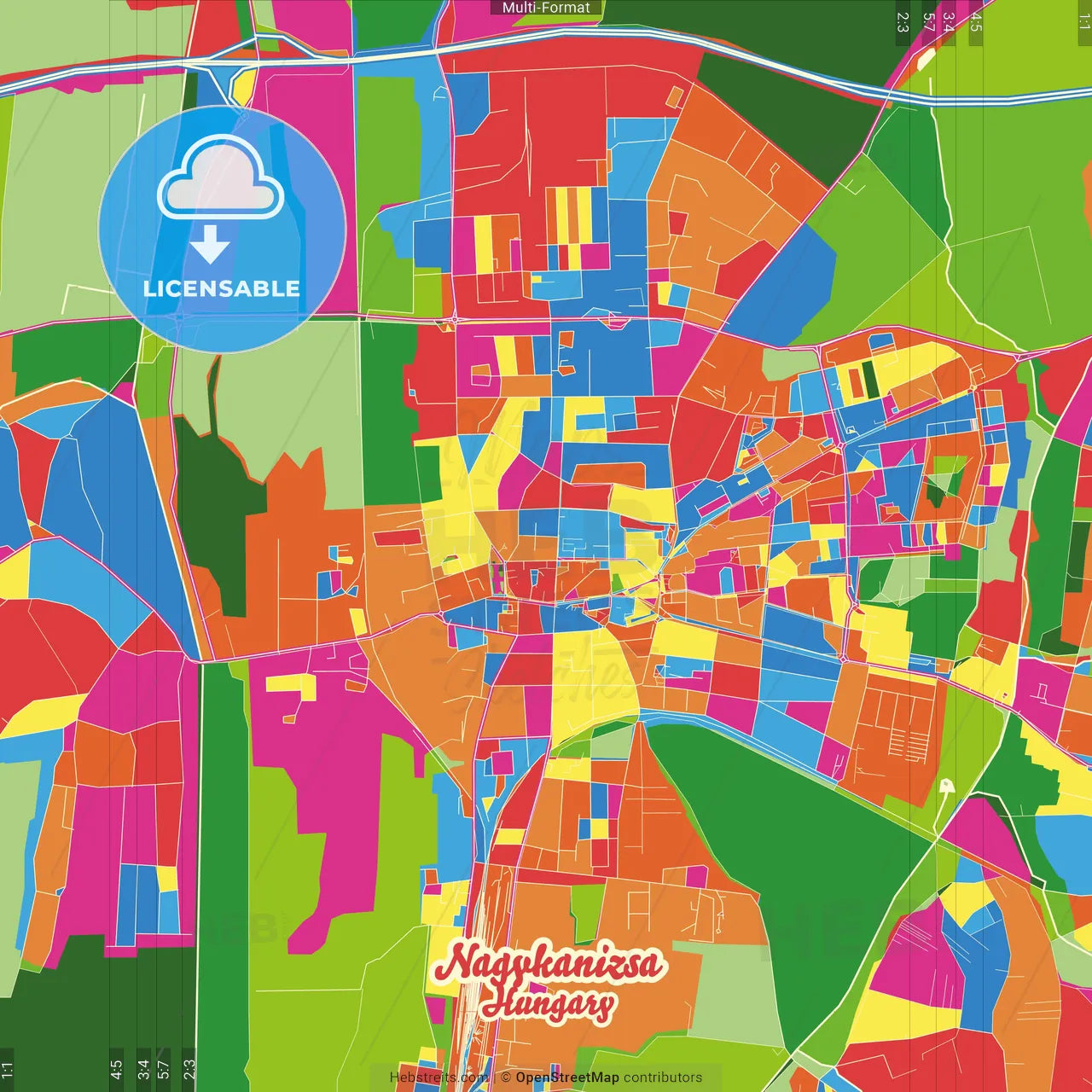 Nagykanizsa, Zala, Hungary Crazy Colorful Street Map Poster Template
