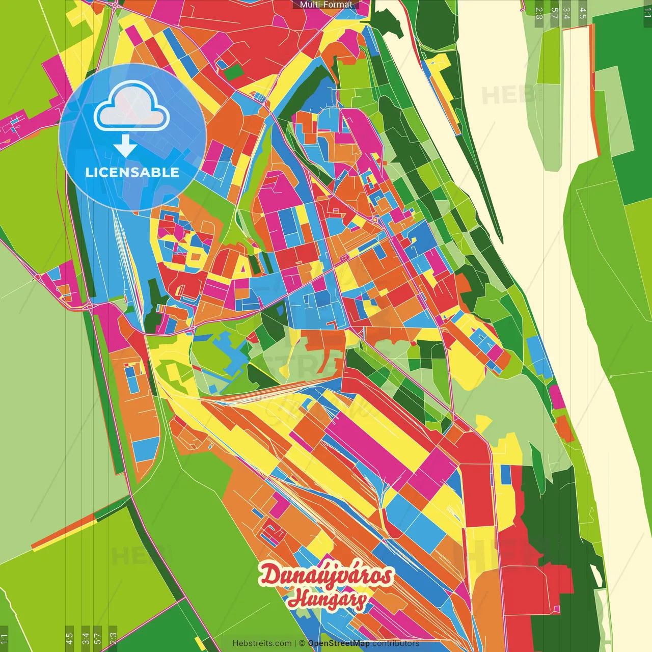 Dunaújváros, Fejér, Hungary Crazy Colorful Street Map Poster Template