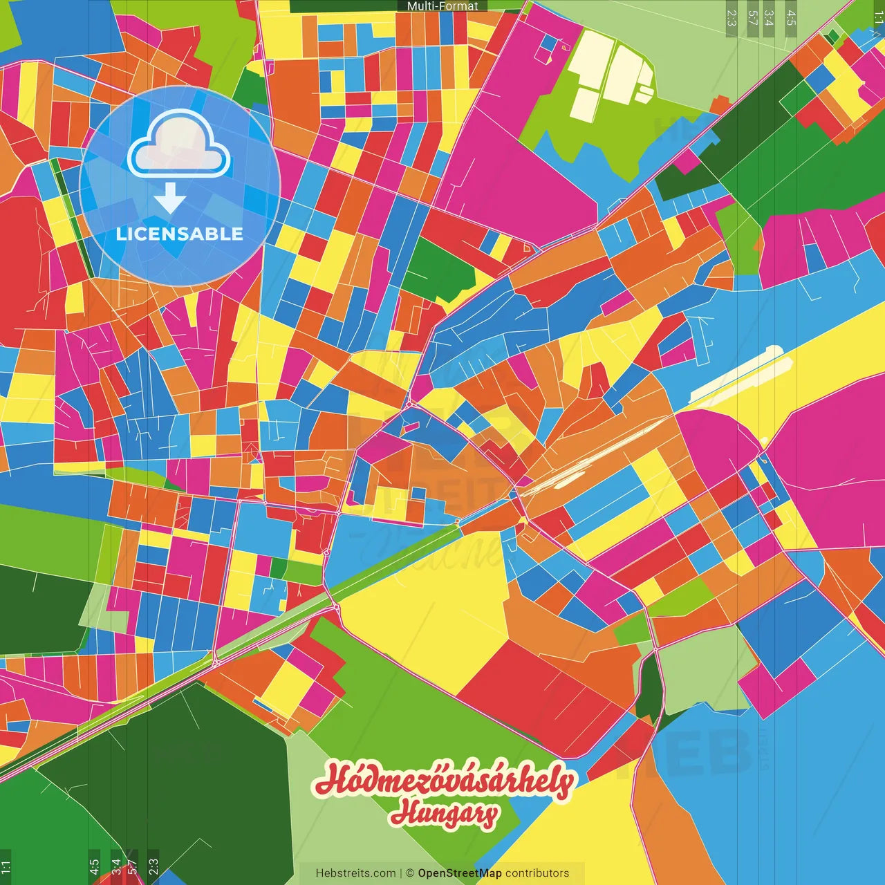 Hódmezővásárhely, Csongrád, Hungary Crazy Colorful Street Map Poster Template