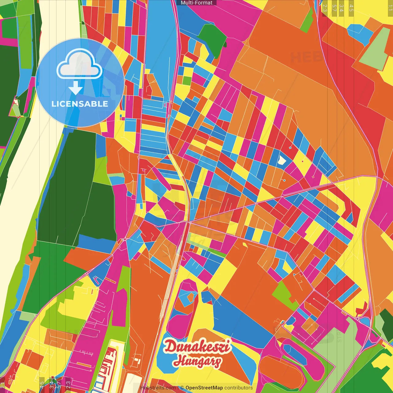 Dunakeszi, Pest, Hungary Crazy Colorful Street Map Poster Template