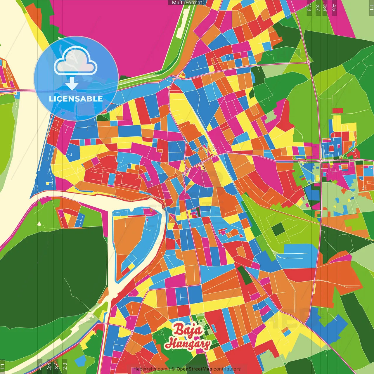 Baja, Bács-Kiskun, Hungary Crazy Colorful Street Map Poster Template