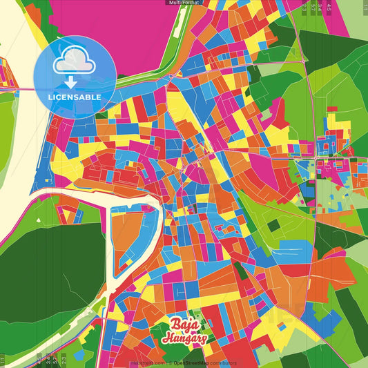 Baja, Bács-Kiskun, Hungary Crazy Colorful Street Map Poster Template