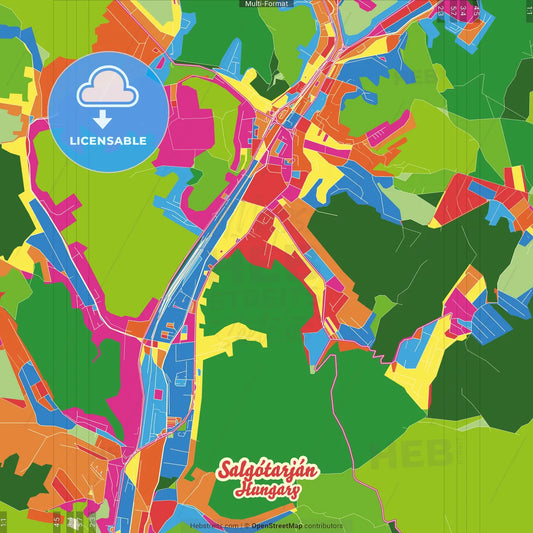 Salgótarján, Nógrád, Hungary Crazy Colorful Street Map Poster Template