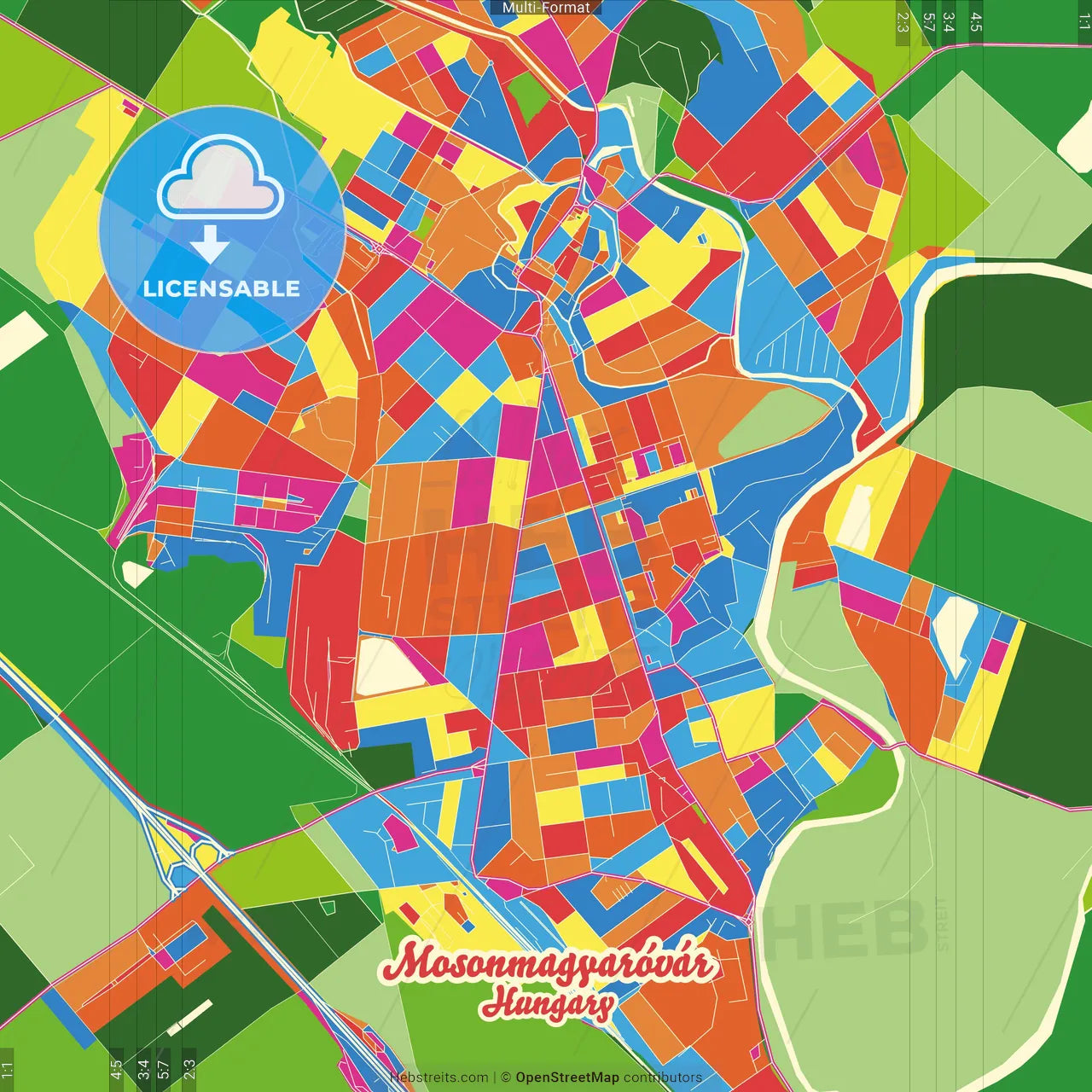 Mosonmagyaróvár, Győr-Moson-Sopron, Hungary Crazy Colorful Street Map Poster Template