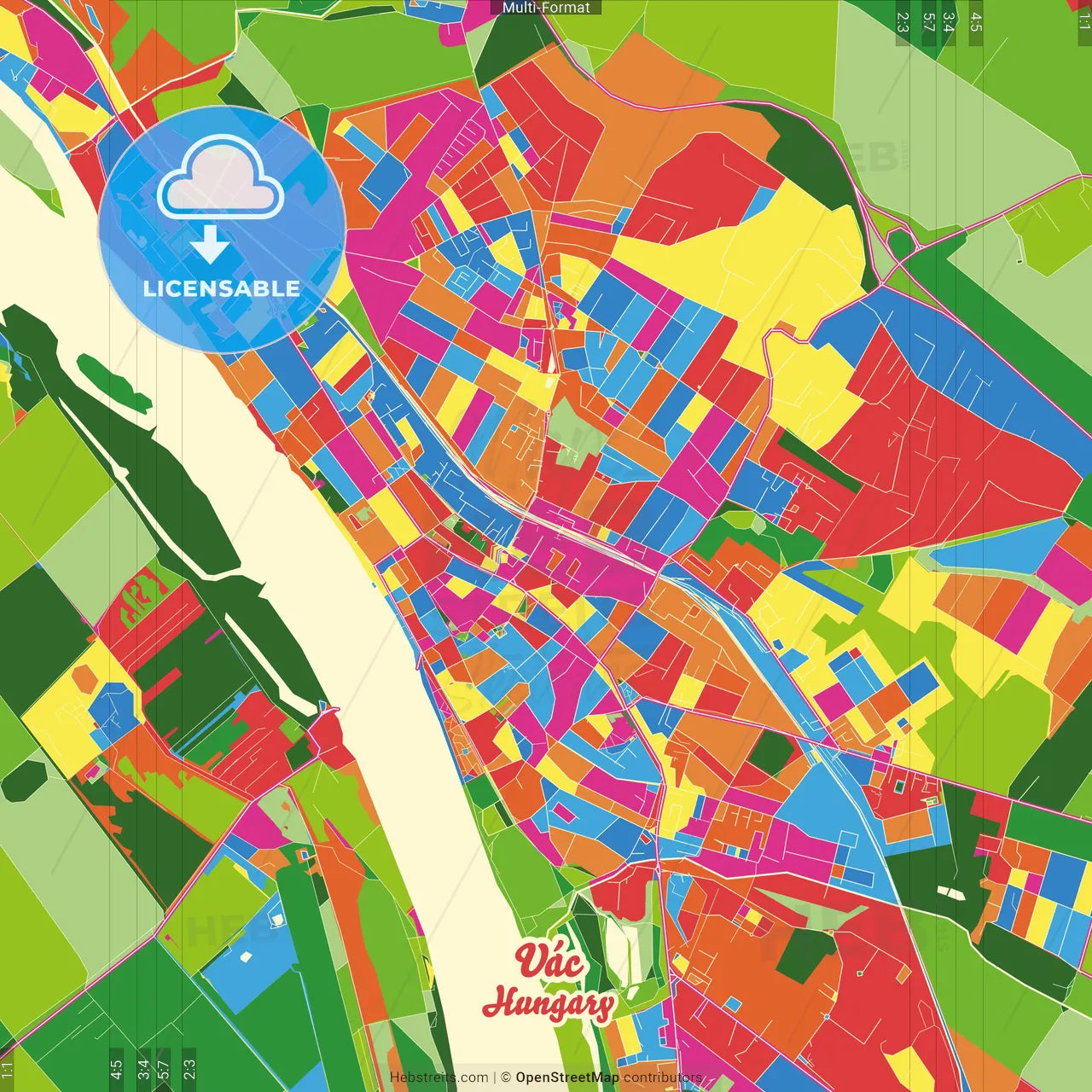 Vác, Pest, Hungary Crazy Colorful Street Map Poster Template