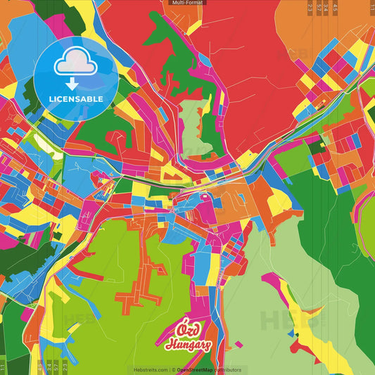 Ózd, Borsod-Abaúj-Zemplén, Hungary Crazy Colorful Street Map Poster Template
