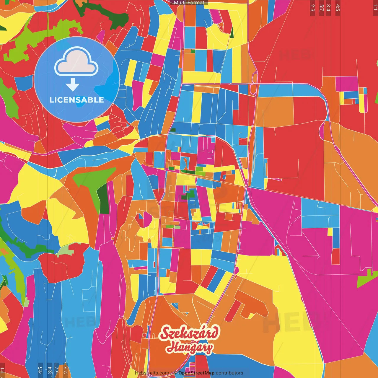 Szekszárd, Tolna, Hungary Crazy Colorful Street Map Poster Template