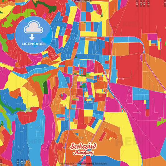 Szekszárd, Tolna, Hungary Crazy Colorful Street Map Poster Template