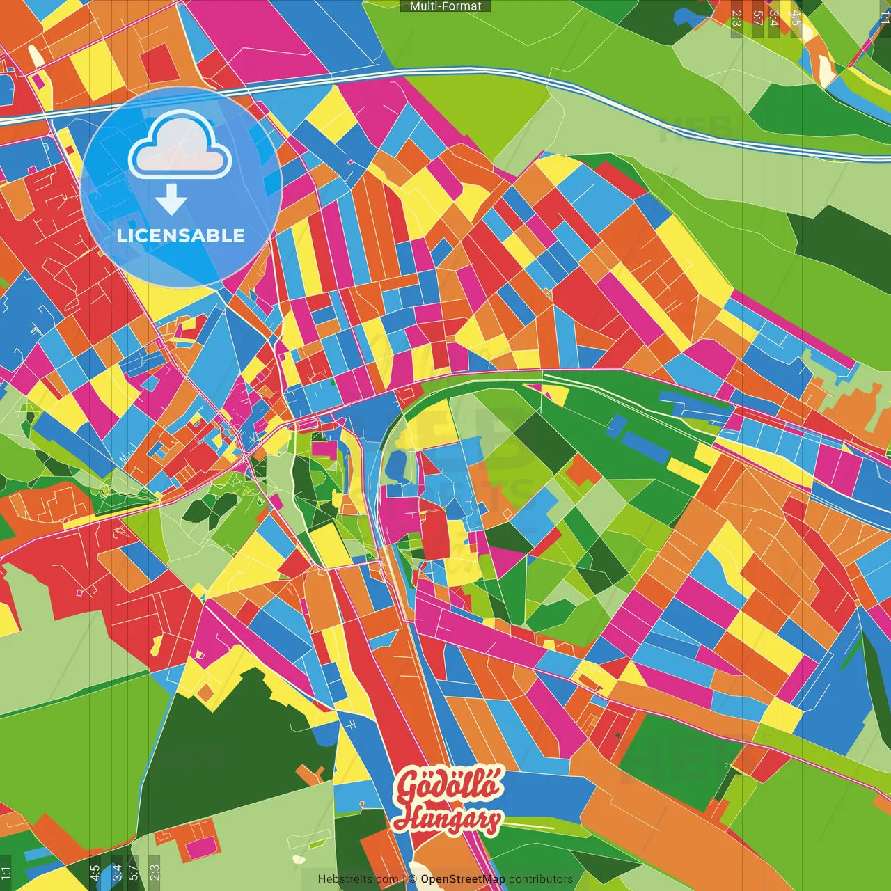 Gödöllő, Pest, Hungary Crazy Colorful Street Map Poster Template