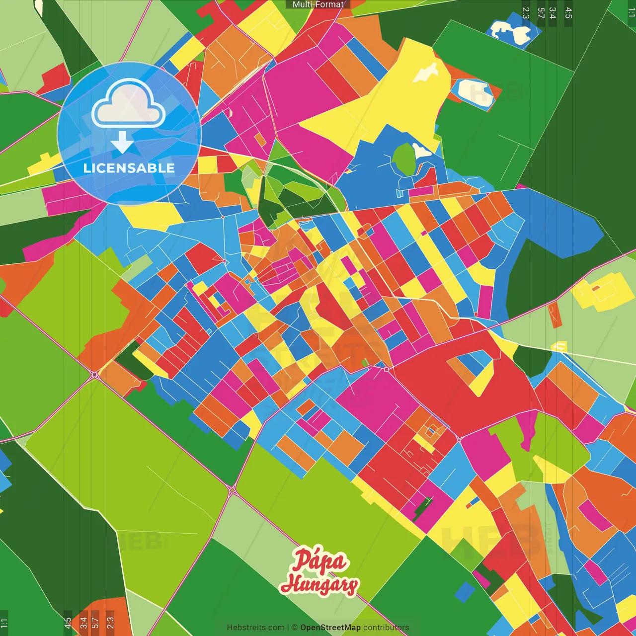 Pápa, Veszprém, Hungary Crazy Colorful Street Map Poster Template
