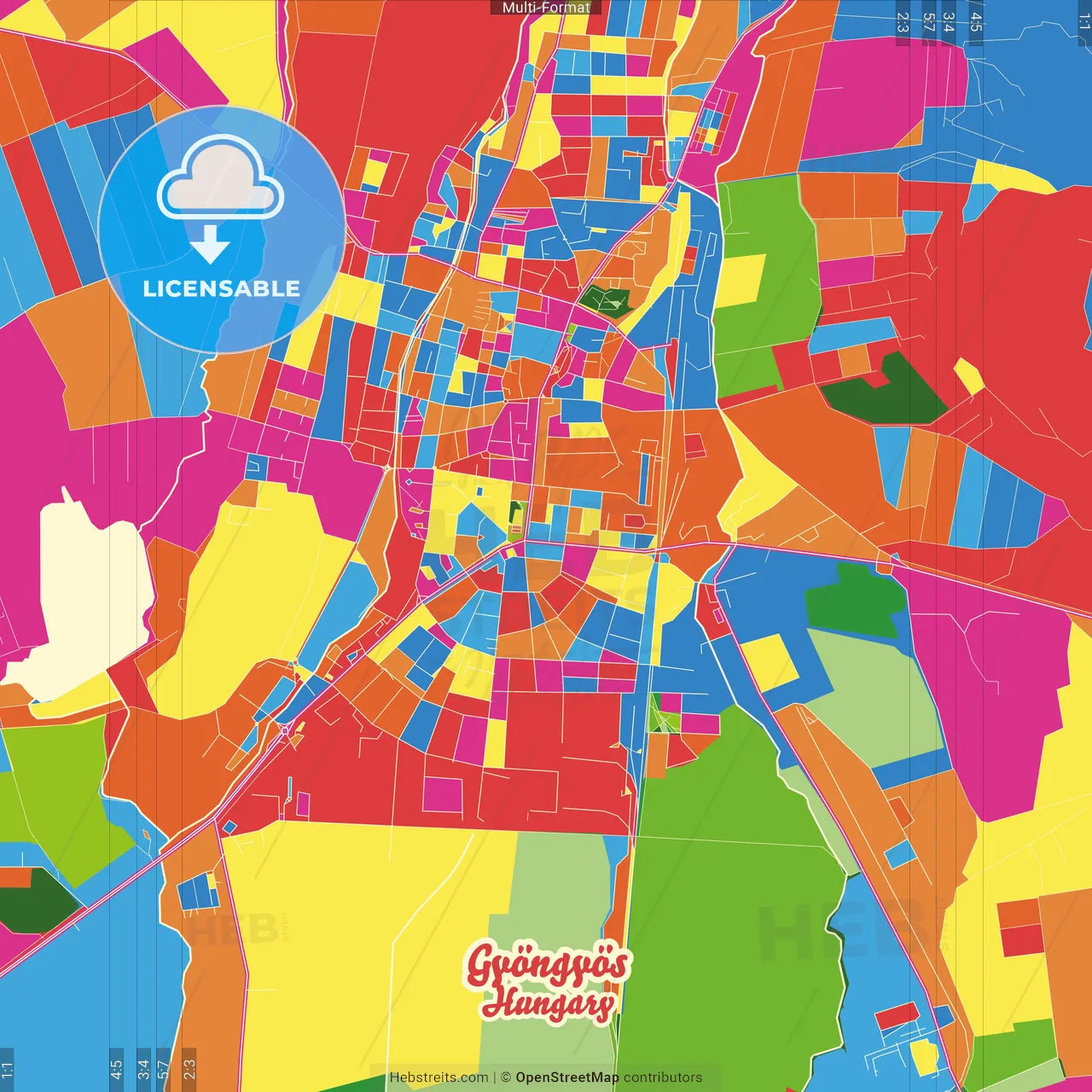 Gyöngyös, Heves, Hungary Crazy Colorful Street Map Poster Template