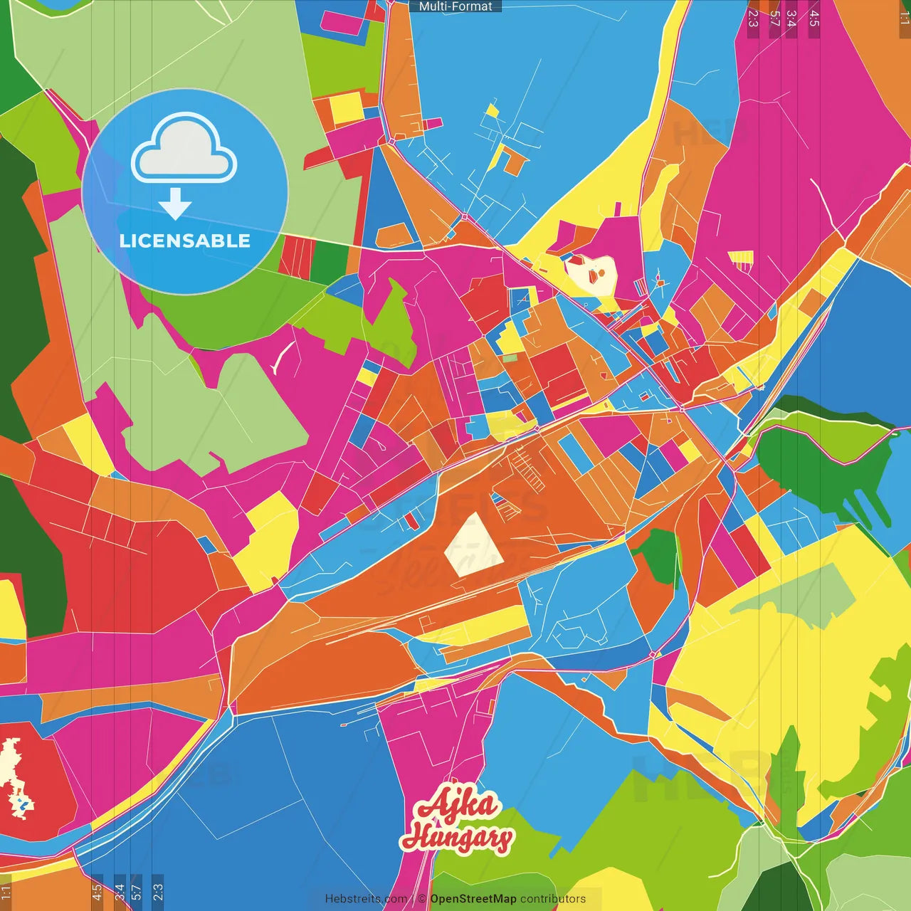 Ajka, Veszprém, Hungary Crazy Colorful Street Map Poster Template