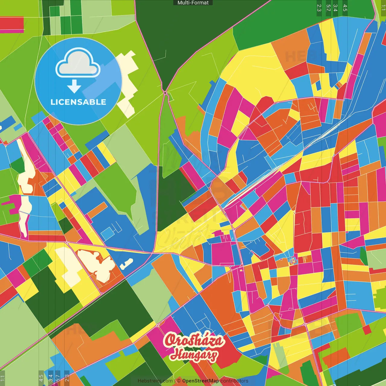 Orosháza, Békés, Hungary Crazy Colorful Street Map Poster Template