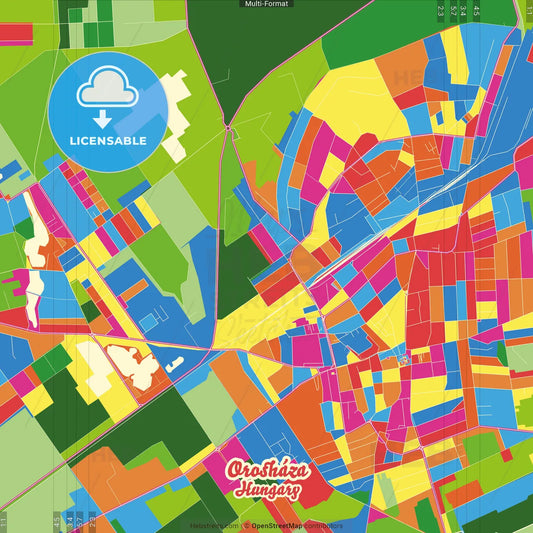 Orosháza, Békés, Hungary Crazy Colorful Street Map Poster Template
