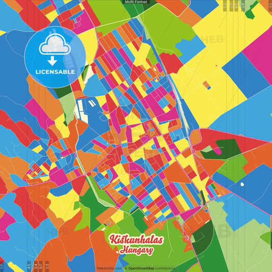 Kiskunhalas, Bács-Kiskun, Hungary Crazy Colorful Street Map Poster Template
