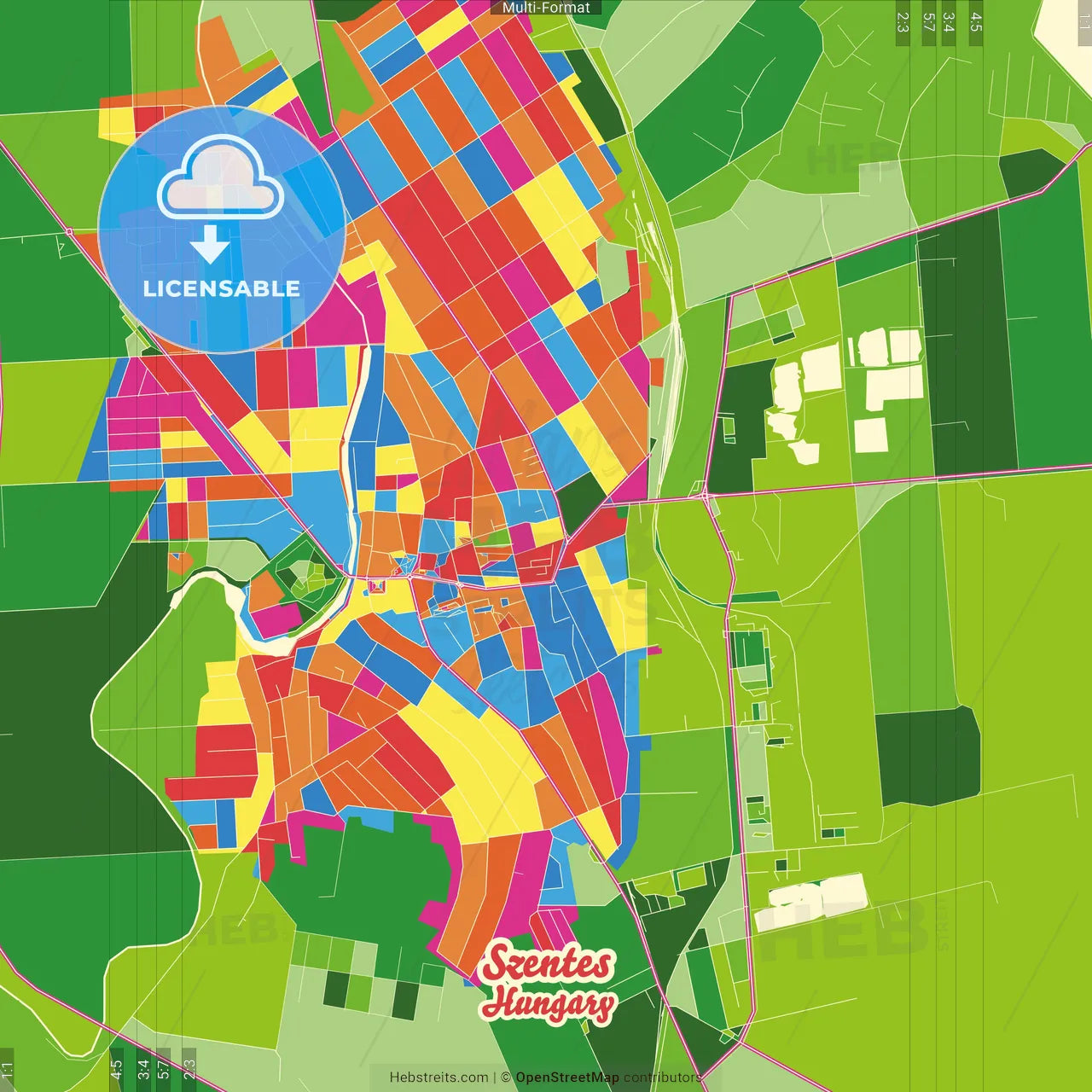 Szentes, Csongrád, Hungary Crazy Colorful Street Map Poster Template