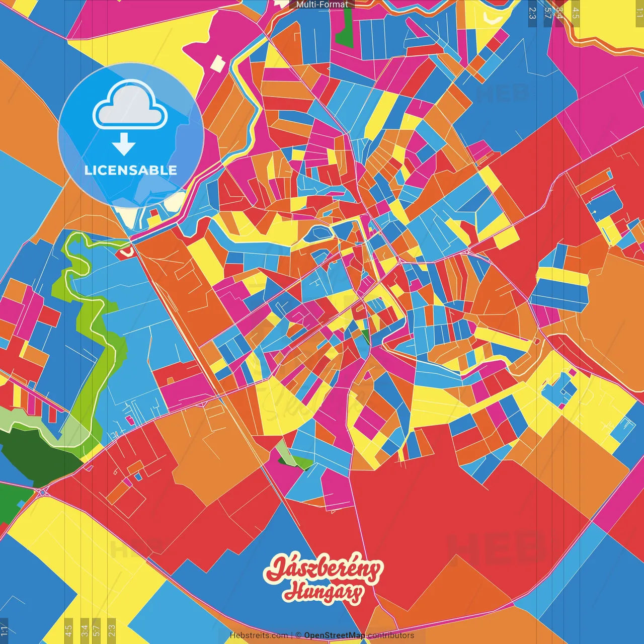 Jászberény, Jász-Nagykun-Szolnok, Hungary Crazy Colorful Street Map Poster Template