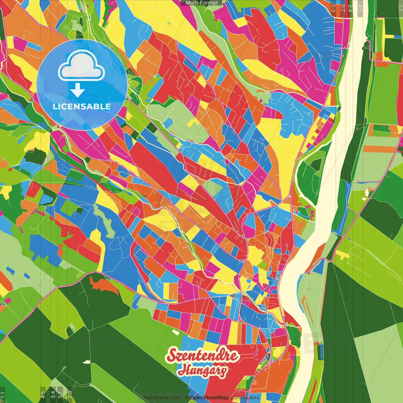 Szentendre, Pest, Hungary Crazy Colorful Street Map Poster Template