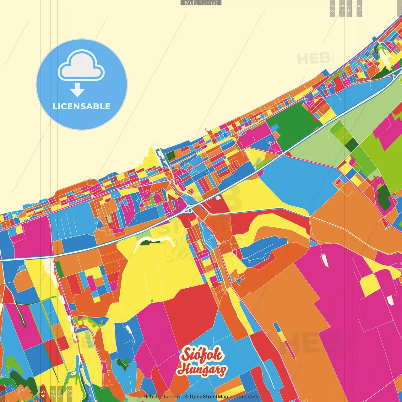 Siófok, Somogy, Hungary Crazy Colorful Street Map Poster Template