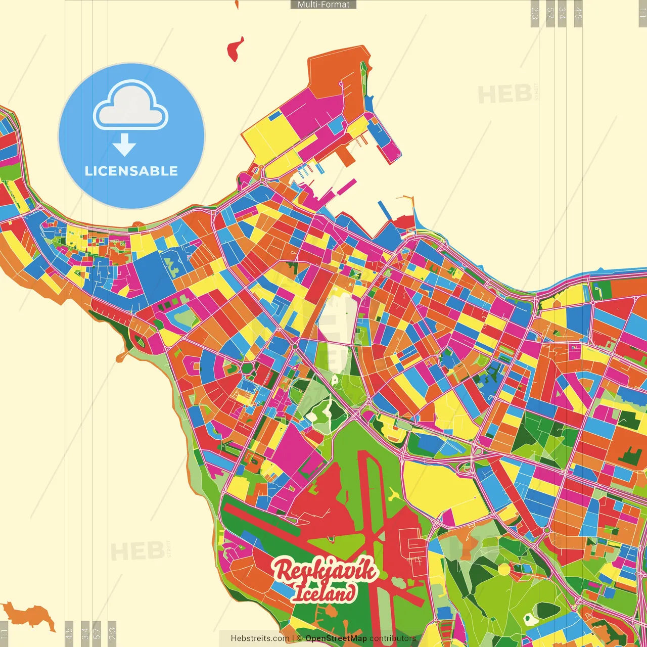 Reykjavík, Reykjavík, Iceland Crazy Colorful Street Map Poster Template