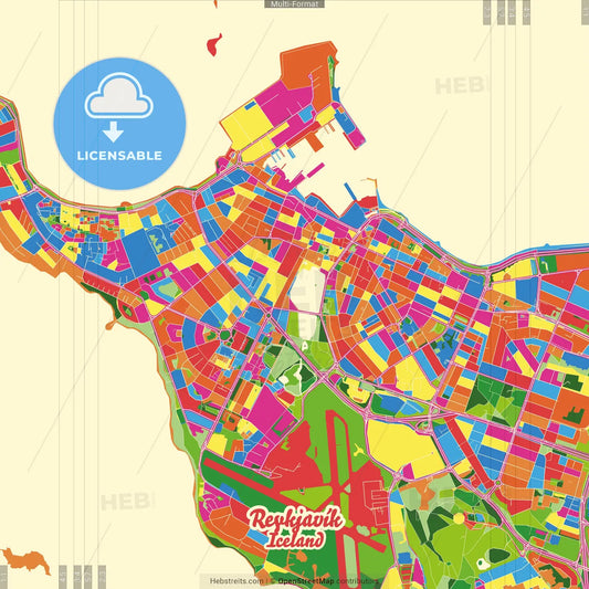 Reykjavík, Reykjavík, Iceland Crazy Colorful Street Map Poster Template