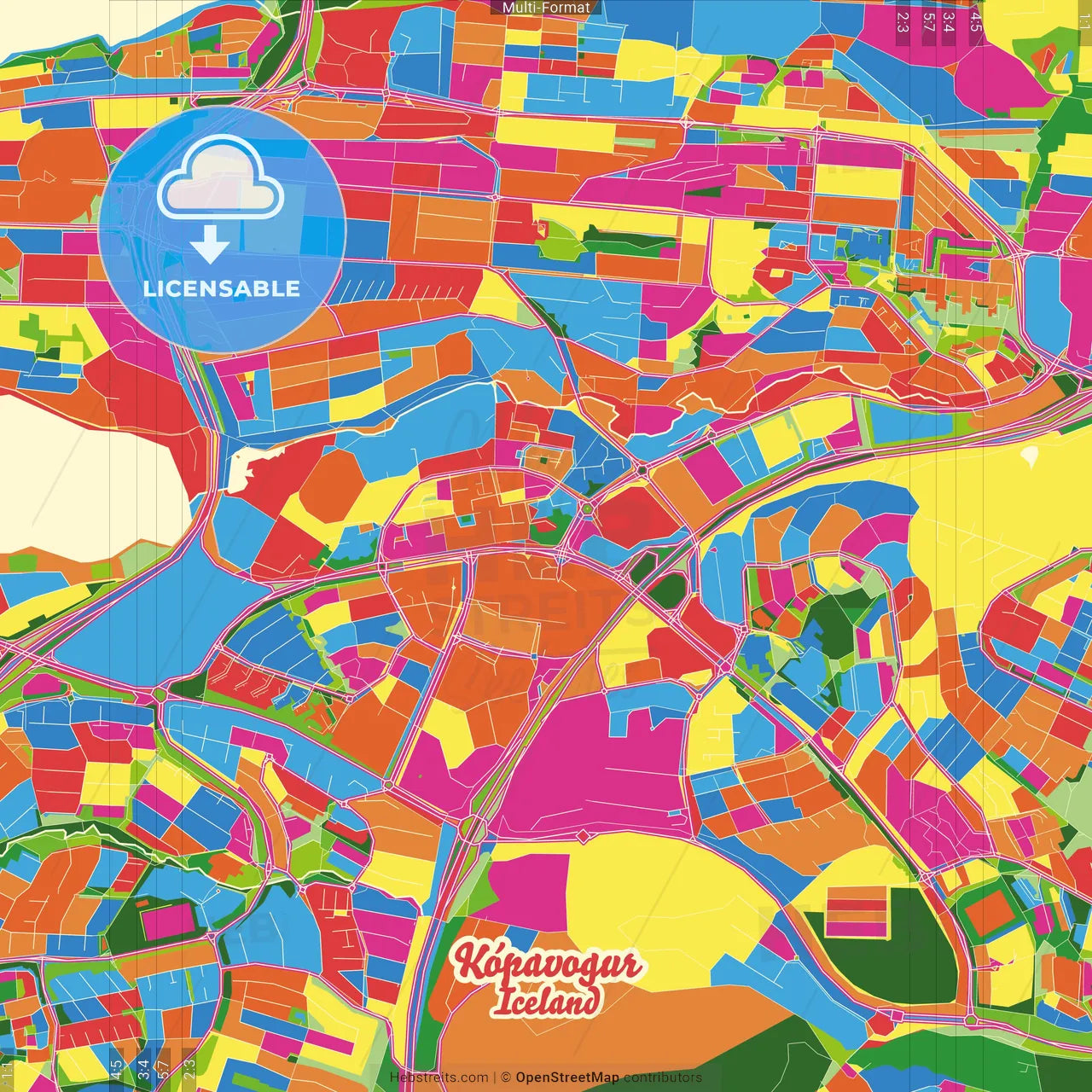 Kópavogur, Kópavogur, Iceland Crazy Colorful Street Map Poster Template