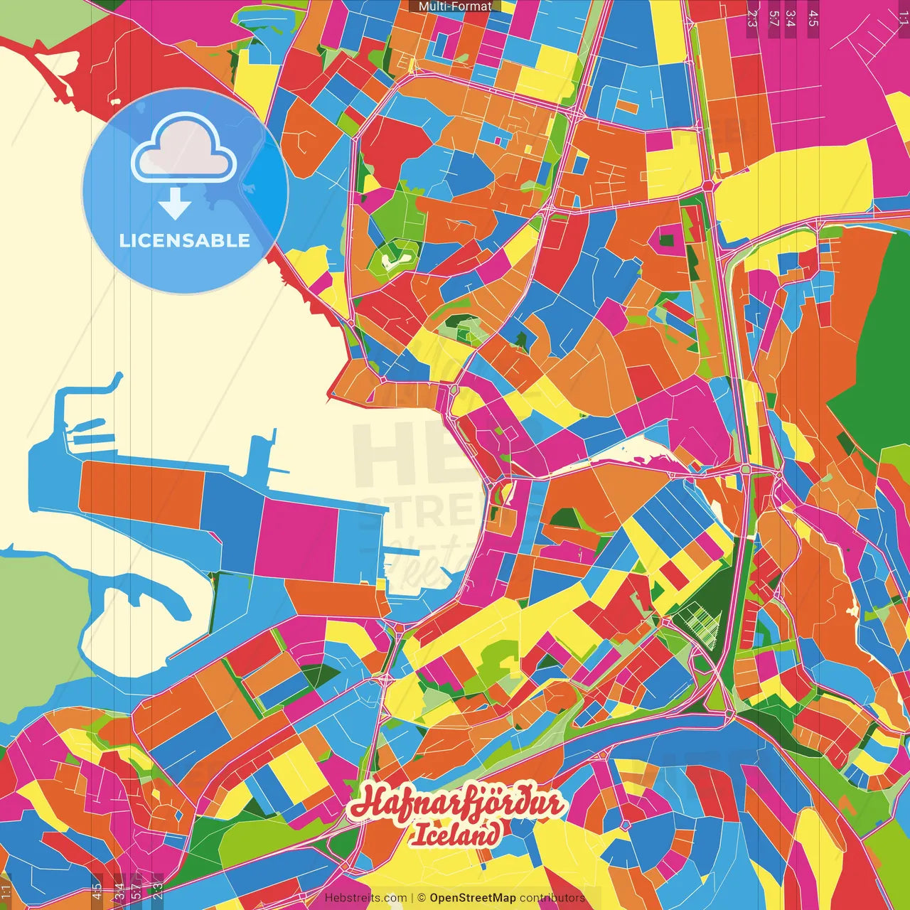 Hafnarfjörður, Hafnarfjörður, Iceland Crazy Colorful Street Map Poster Template