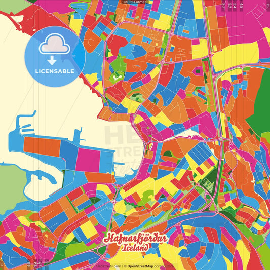 Hafnarfjörður, Hafnarfjörður, Iceland Crazy Colorful Street Map Poster Template