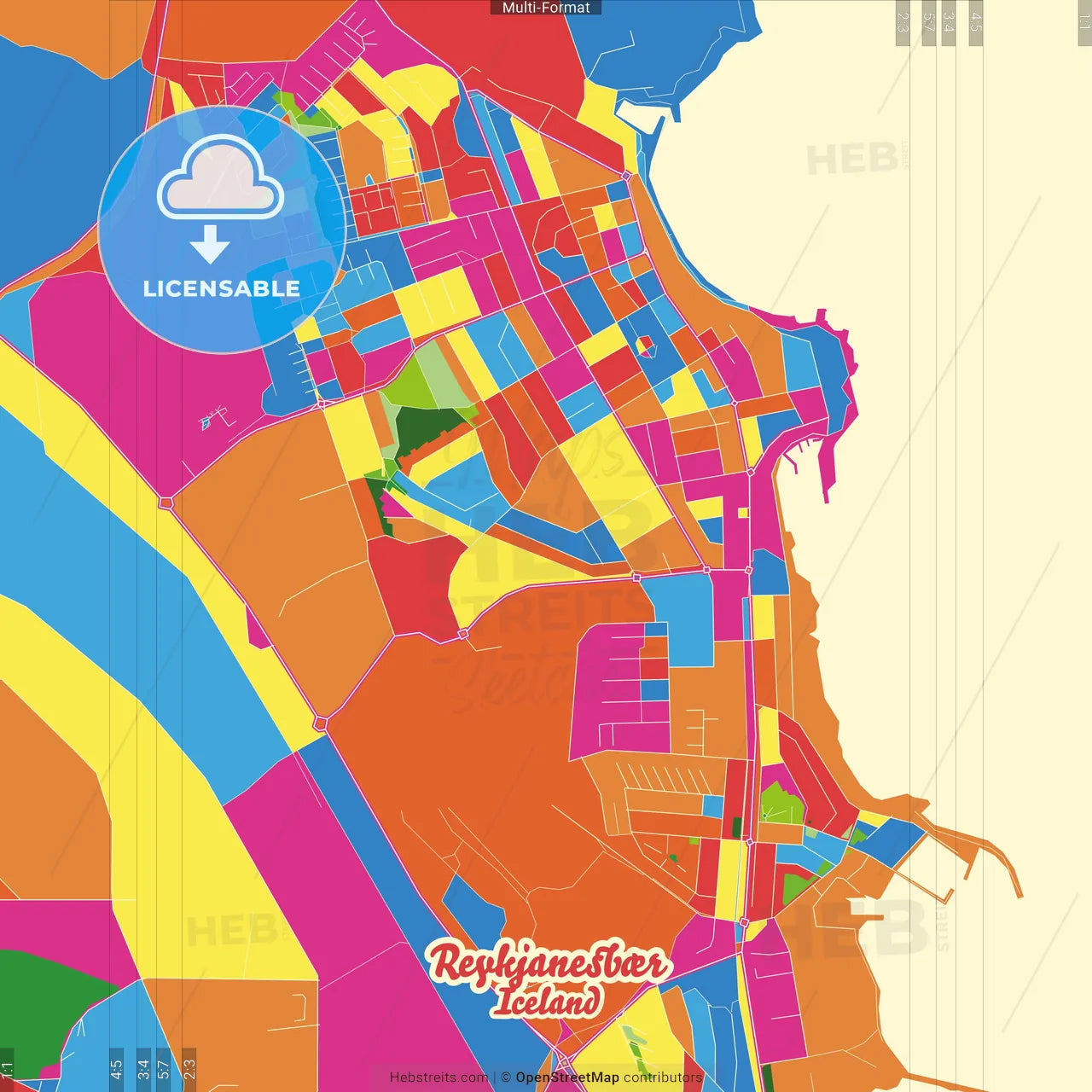 Reykjanesbær, Reykjanesbær, Iceland Crazy Colorful Street Map Poster Template