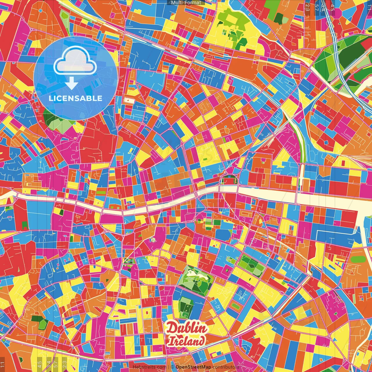 Dublin, County Dublin, Ireland Crazy Colorful Street Map Poster Template