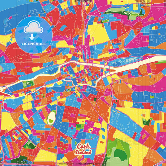 Cork, County Cork, Ireland Crazy Colorful Street Map Poster Template