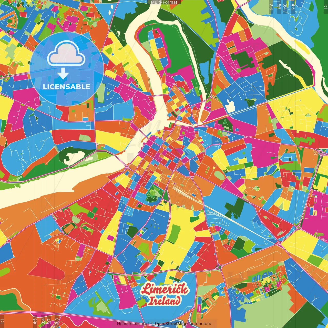 Limerick, County Limerick &amp; County Clare, Ireland Crazy Colorful Street Map Poster Template