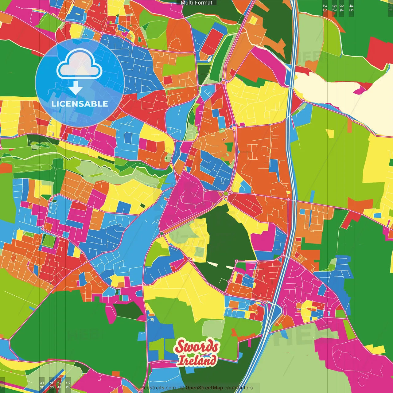 Swords, Fingal, Ireland Crazy Colorful Street Map Poster Template