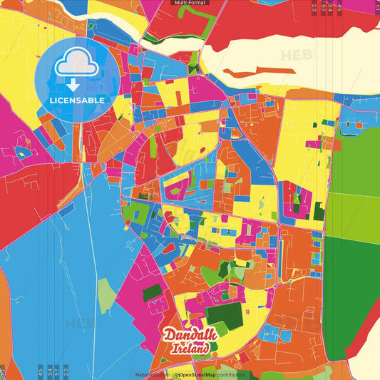 Dundalk, County Louth, Ireland Crazy Colorful Street Map Poster Template